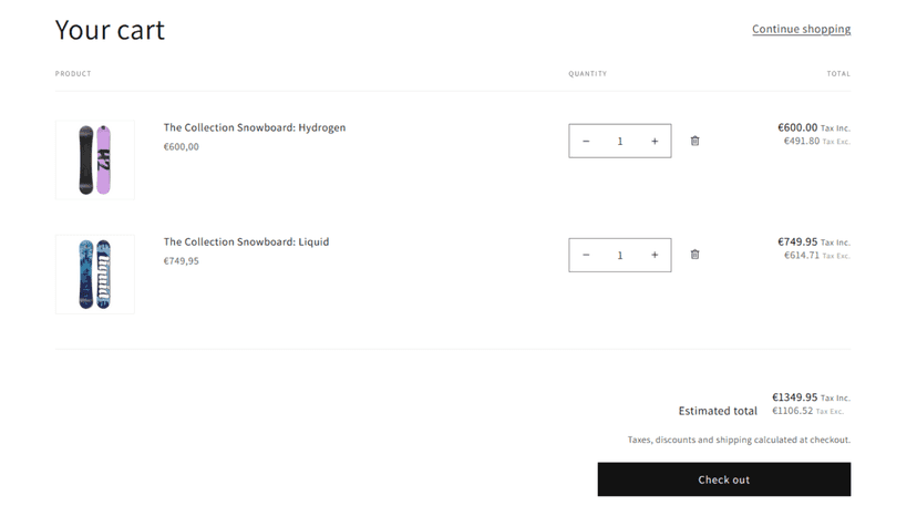 Cart page showing both VAT-inclusive and VAT-exclusive prices