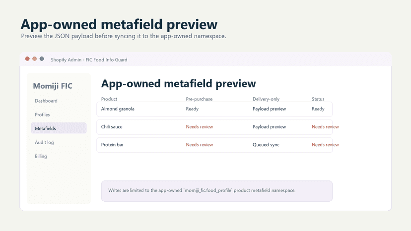 App-owned metafield preview screen