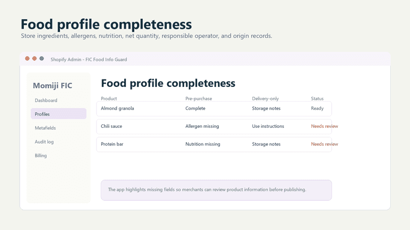 Food profile editor with required fields