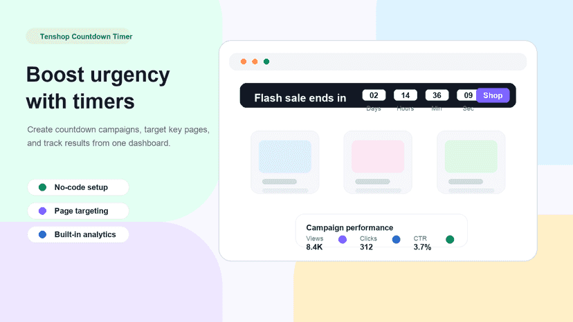 Countdown timer app preview with analytics and targeting