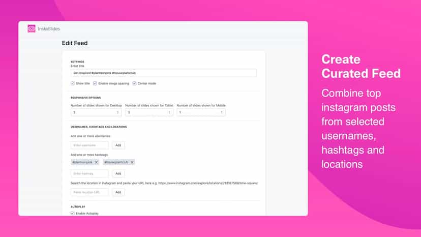 Create or edit an Instagram slider feed