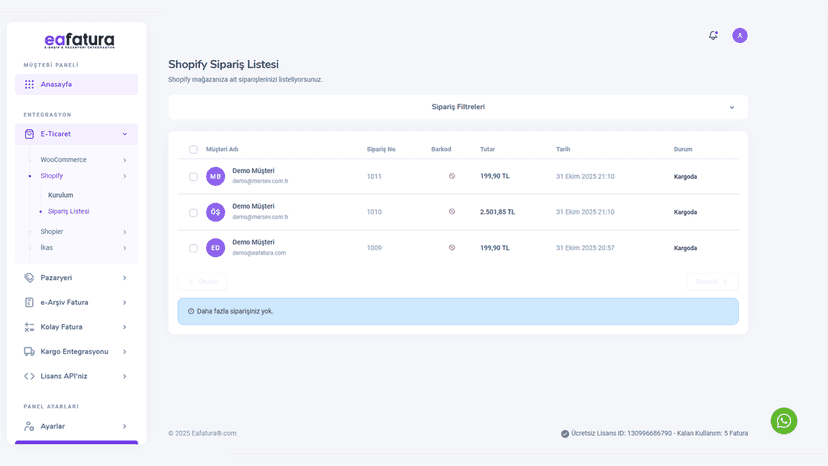 Shopify Sipariş Listesi, Toplu veya Tekli Fatura Oluşturma