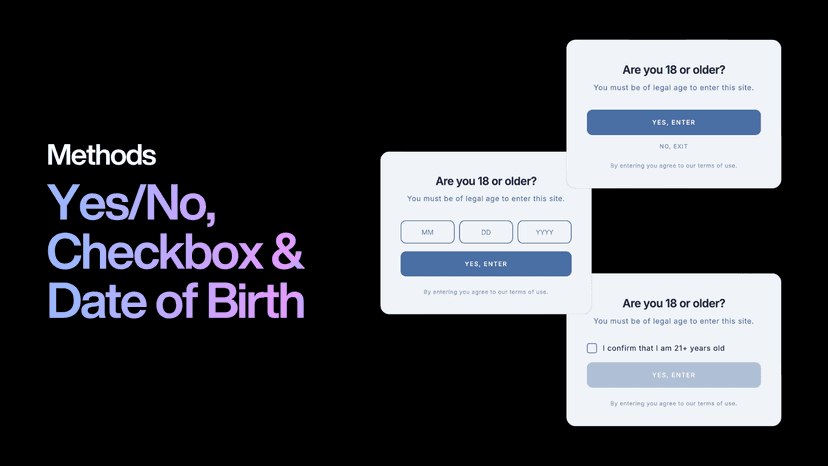 Three verification methods: Yes/No, Checkbox, Date of Birth