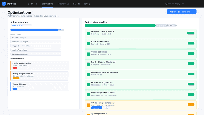 AI theme scanner and optimization checklist with one-click appro