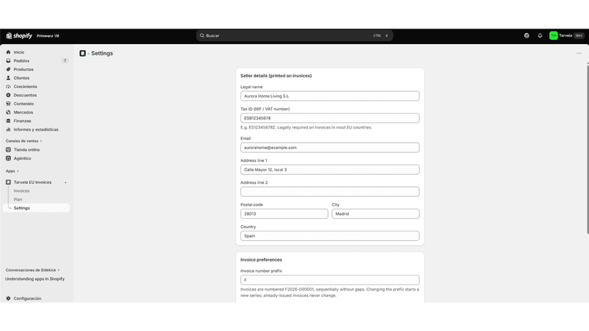 Seller tax details, numbering prefix and language settings