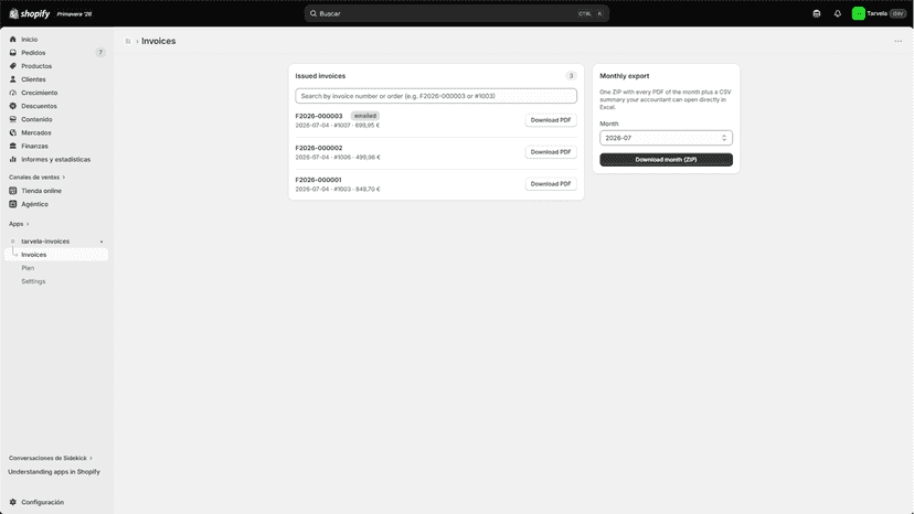 Invoice registry with search and monthly export