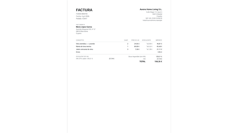 Spanish invoice PDF with exact VAT breakdown