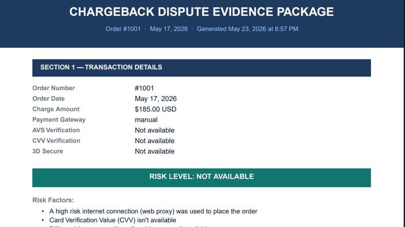Chargeback evidence PDF with transaction details, AVS, CVV, and