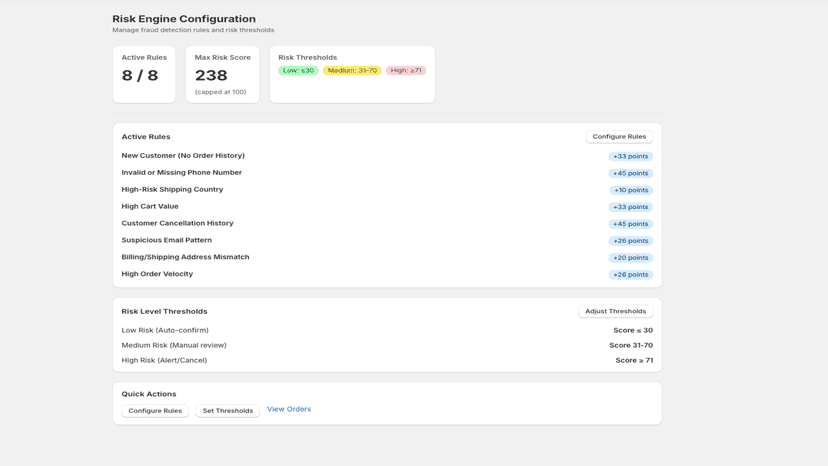 Risk Engine Configuration Manage fraud detection rules and risk