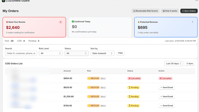 CODShield orders list with risk levels and status