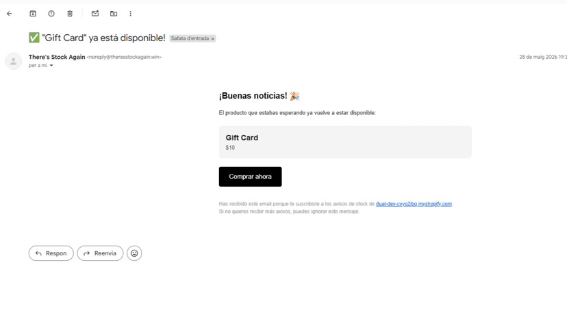Restock email notification received by customer