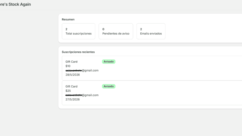 App dashboard showing subscriptions and email notifications sent