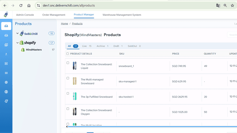 Shopify products listing screen