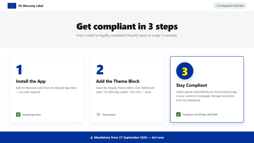 Three-step setup for EU Warranty Label app