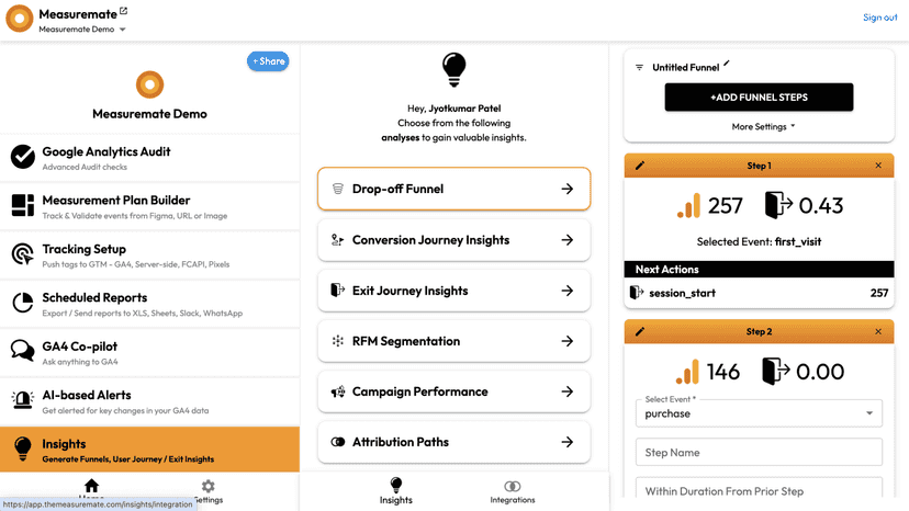 Generate Insights from GA4 Data - RFM, Exit, Conversion, Funnel.