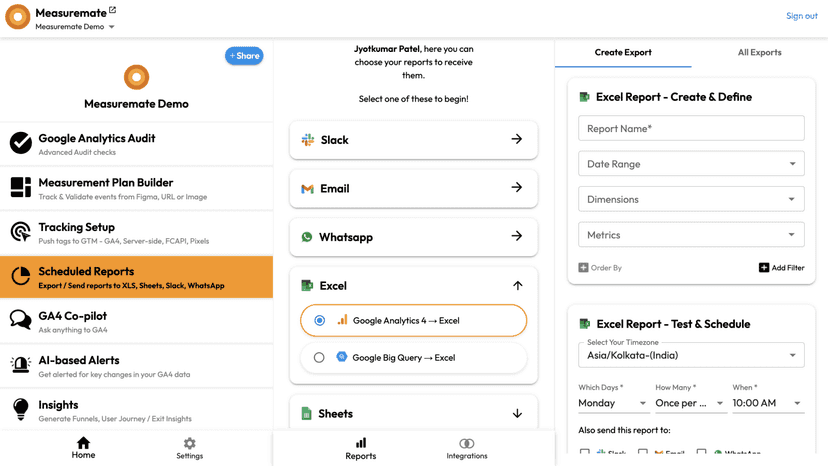 Export GA4 data to Figma, WhatsApp, Excel, Sheets, Email, Slack