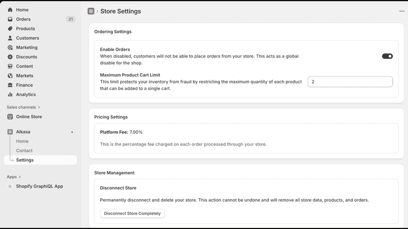 alkasa settings page