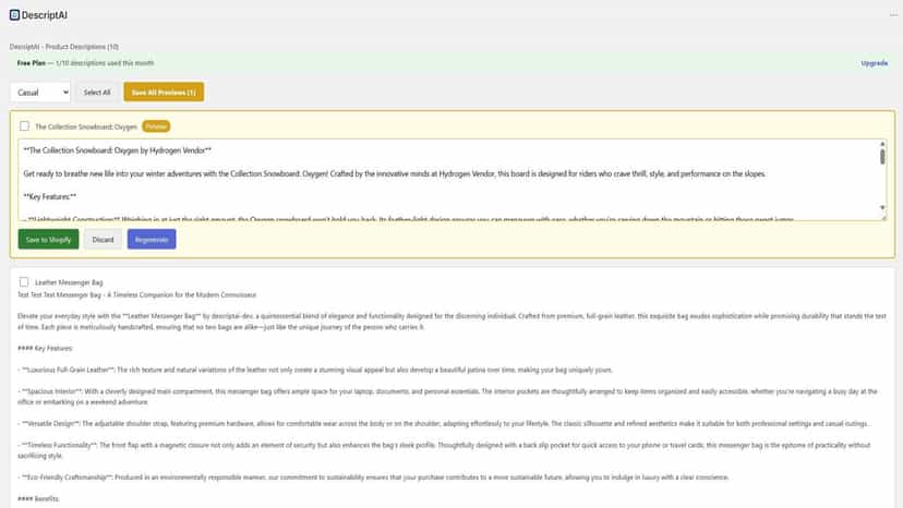AI-generated description preview before saving