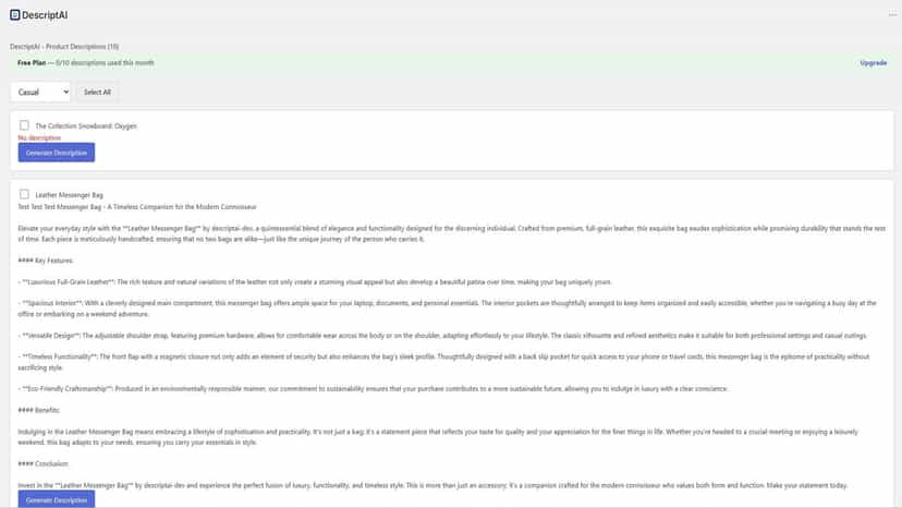 DescriptAI main dashboard with product list