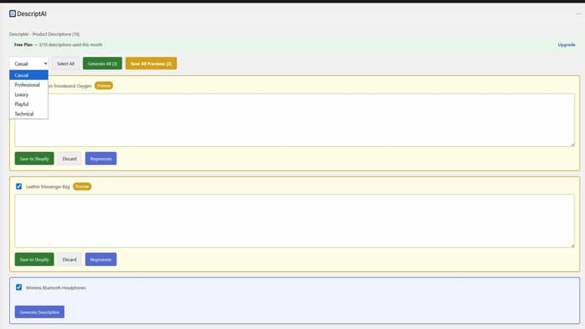 Brand voice dropdown with five style options