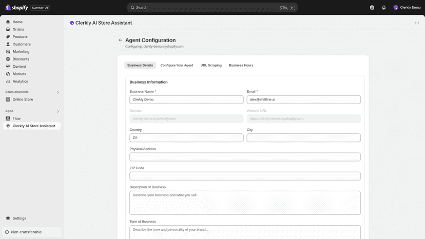 Screenshot showcasing the business details section