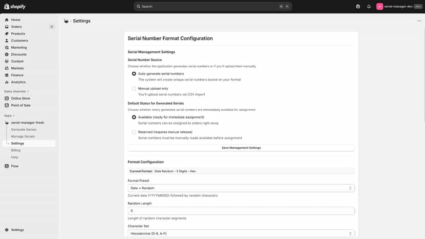 Serial Number Settings