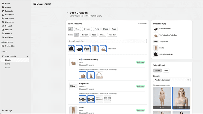 VUAL Studio interface — select products and AI model to generate