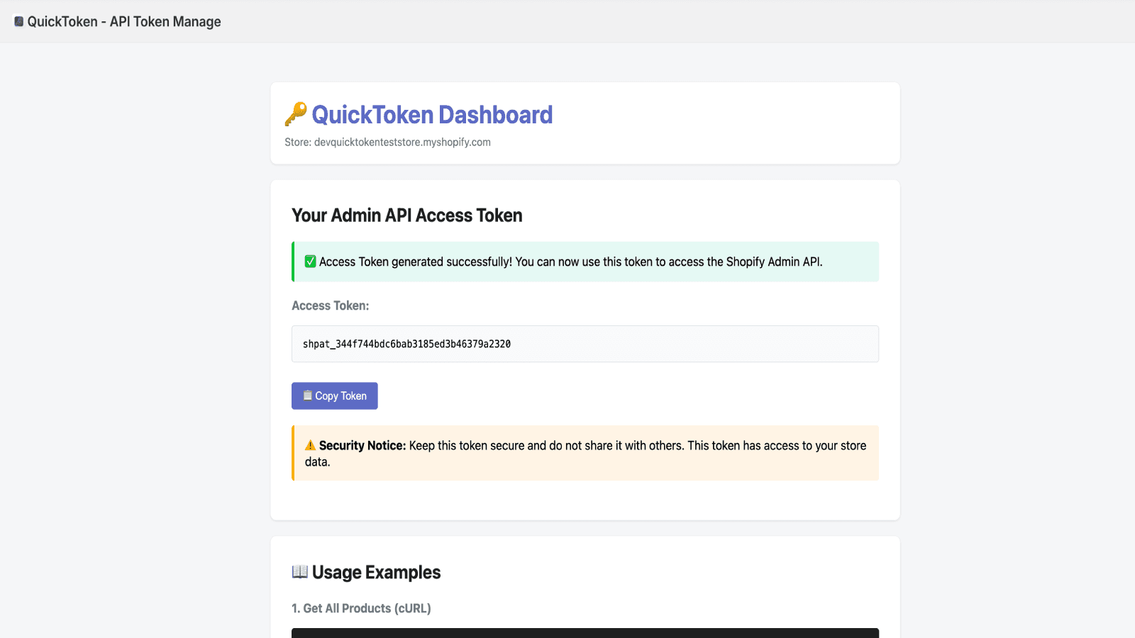 QuickToken - API Token interface displaying Admin API Access.