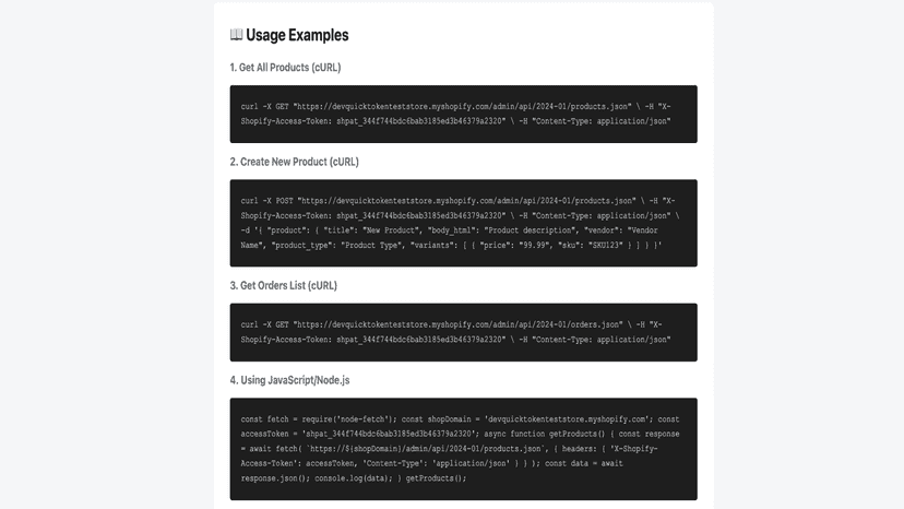 Code examples in cURL, JavaScript, and Python