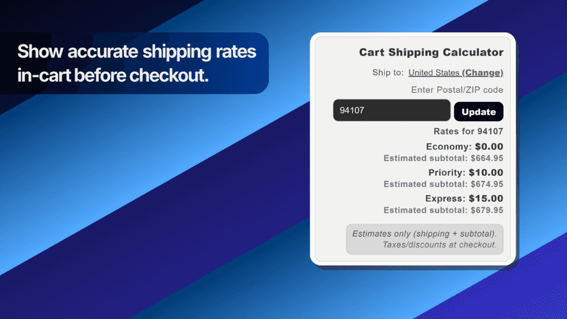 Cart shipping rates shown after entering a Postal/ZIP code.