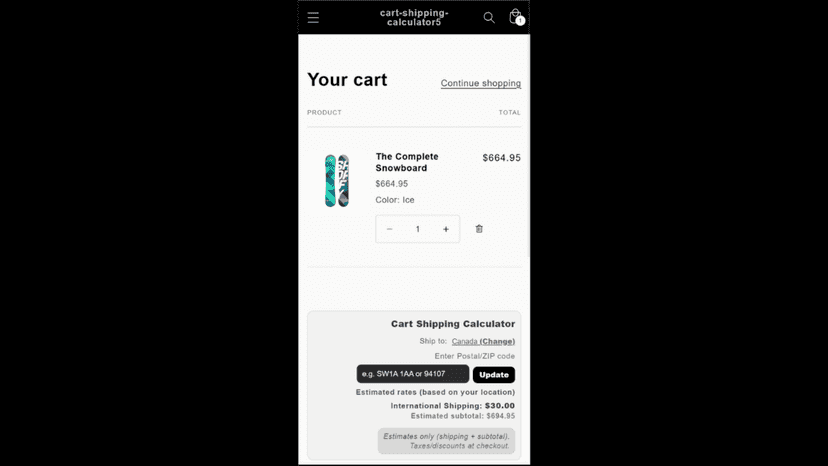Mobile view showing Geo-IP estimated rates in cart.