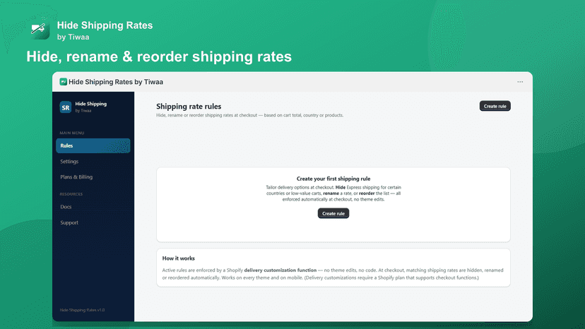 Dashboard listing shipping rate rules for checkout