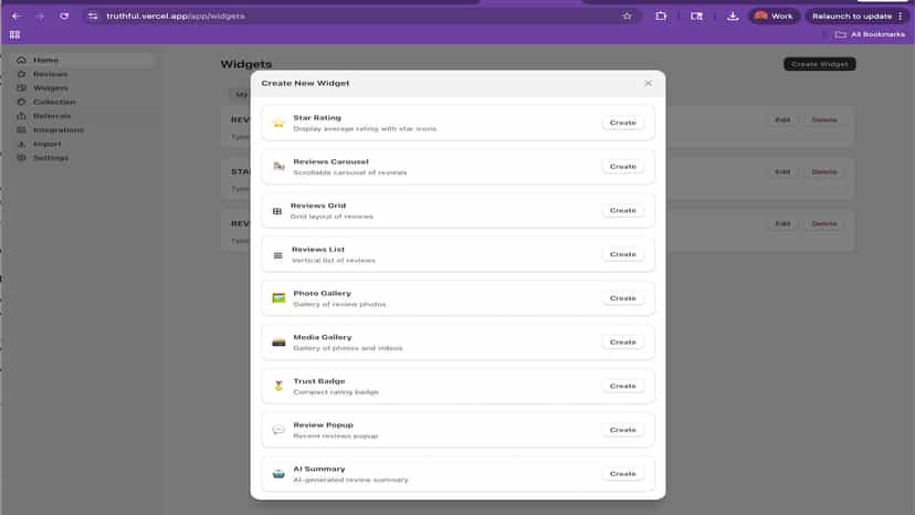 True Reviews Widget Builder Screen