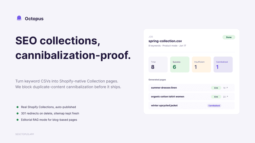 Octopus: SEO collections, cannibalization-proof from a keyword C