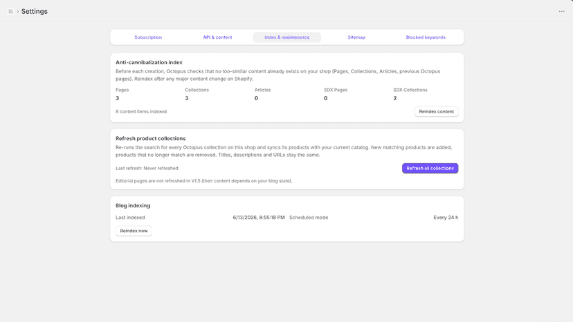 Settings index