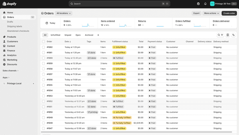 Shopify orders instantly synced and queued for production