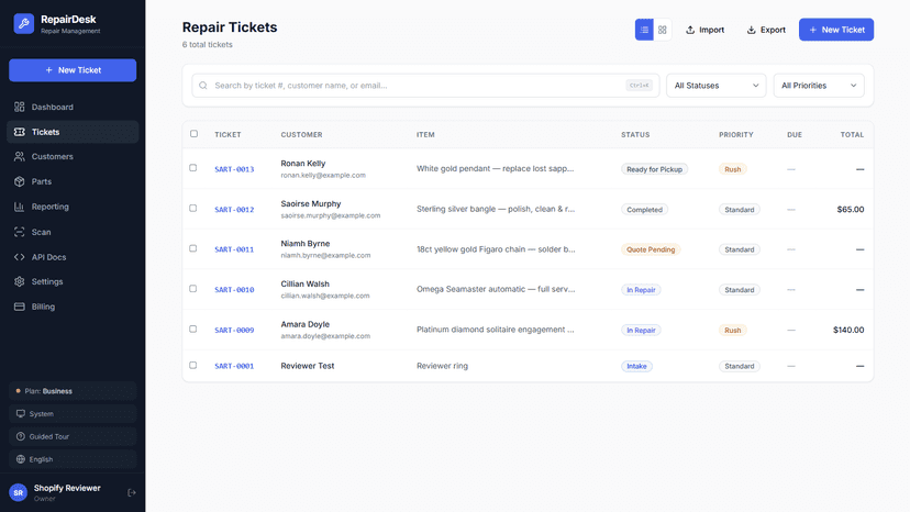 RepairDesk repair ticket list with status and priority