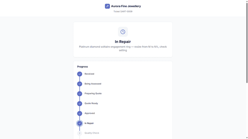 RepairDesk customer page tracking a jewellery repair's status