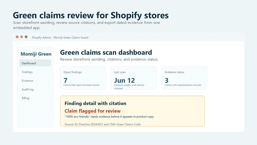 Green claims scan dashboard with findings and evidence export