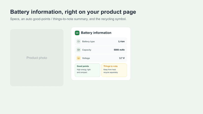 Battery information panel on a product page