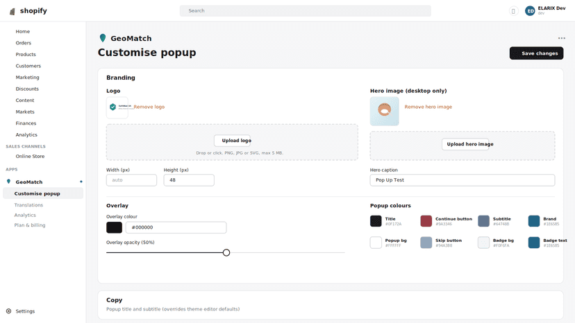 Customise popup admin: branding, logo, hero, colors