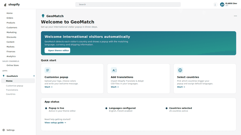 GeoMatch admin home with quick start guide and app status