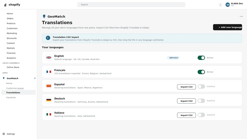 Translations page: manage languages and import CSV files