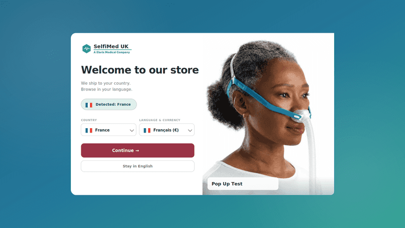 Welcome popup: detected country, language and currency