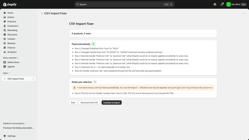 Review screen showing product CSV errors fixed automatically, e