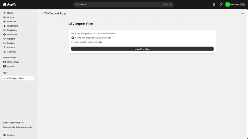 Import screen with the option to create new products only or als