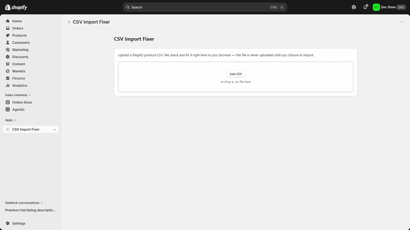 Upload screen with a drop zone for adding a Shopify product CSV