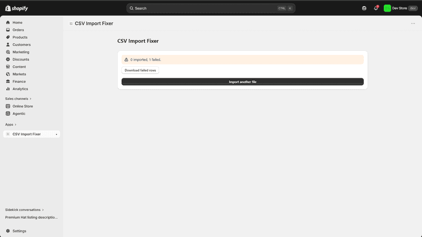 Import results screen showing imported and failed product counts