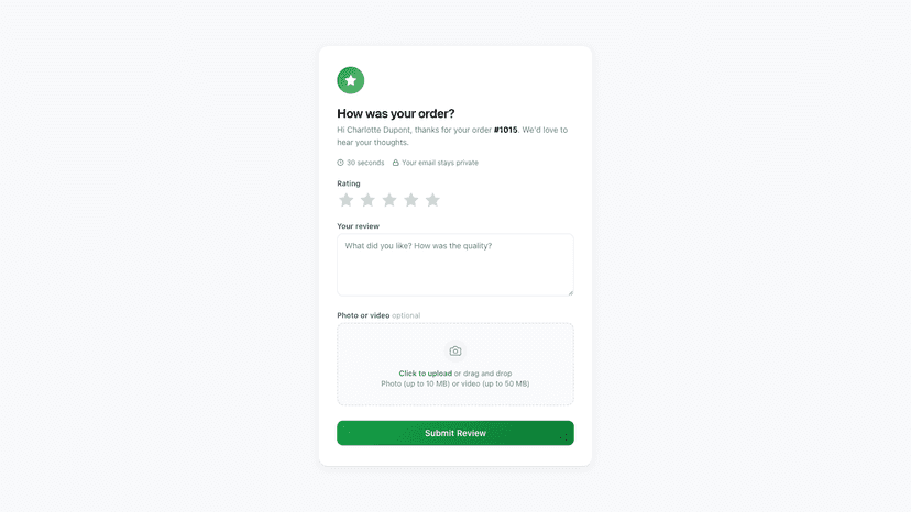 Customer review form with photo upload and star rating