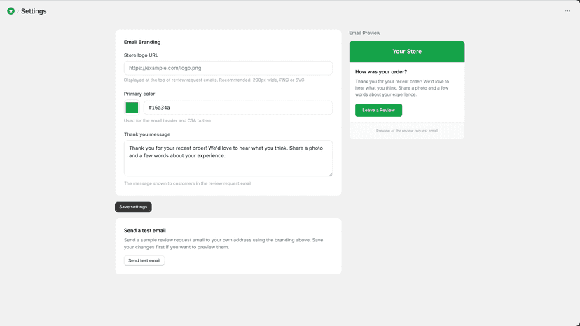Email branding settings with live preview
